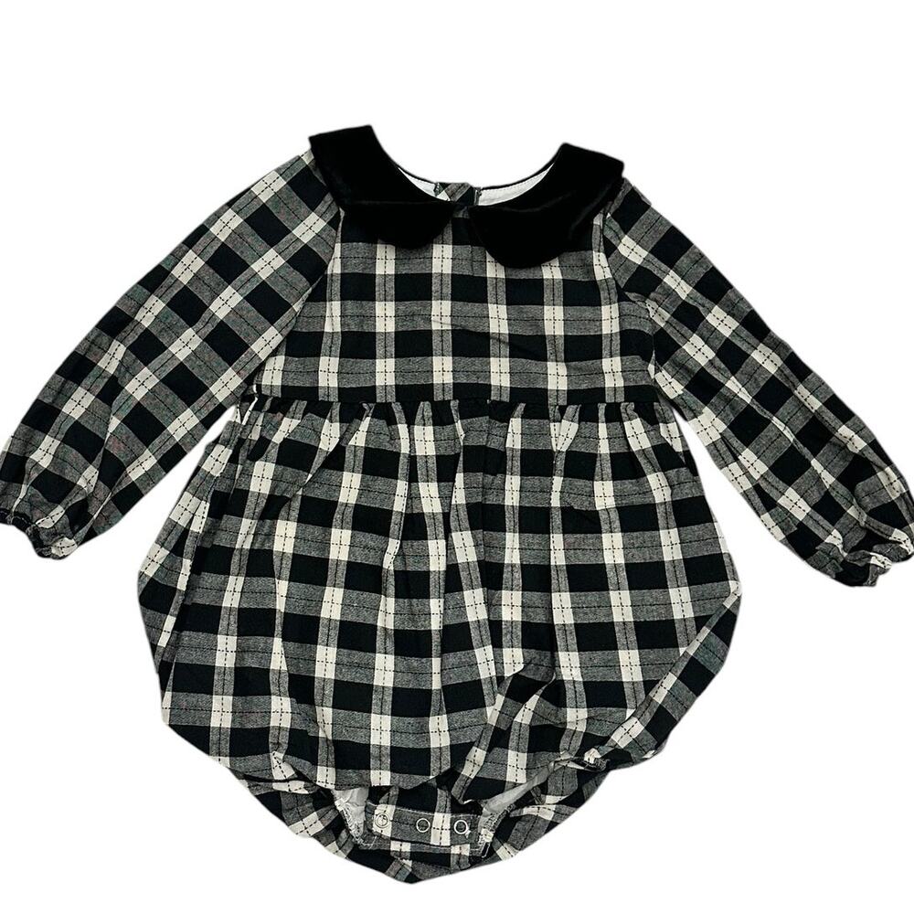 SweetHoney Black and White Plaid Long-Sleeve Bubble Romper